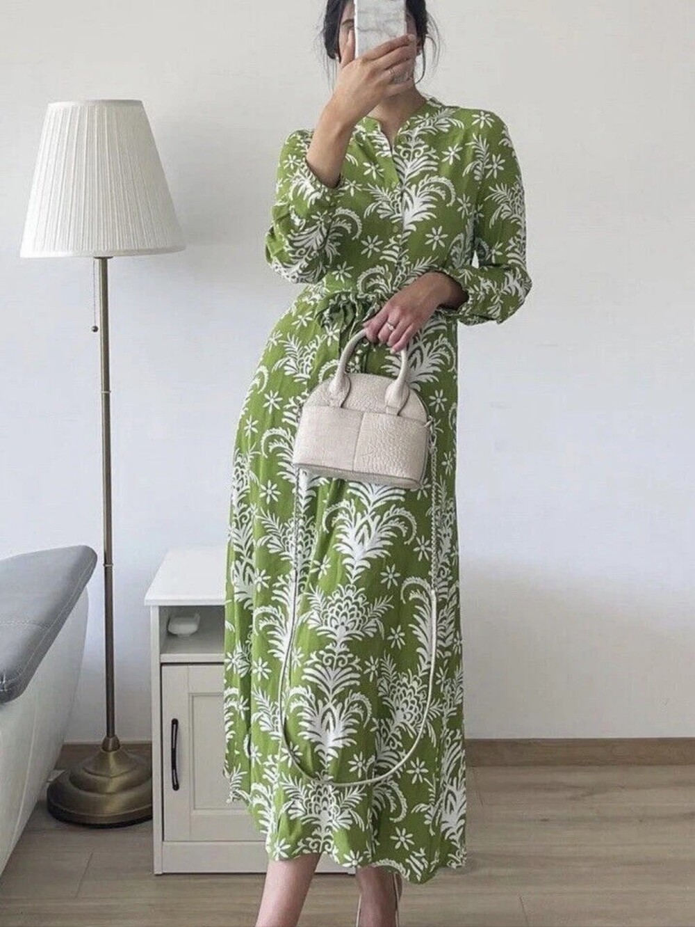 Zara Lilou Vacation Coastal Belted Midi Floral Green Resort Long Sleeve Dress - Picture 2 of 8